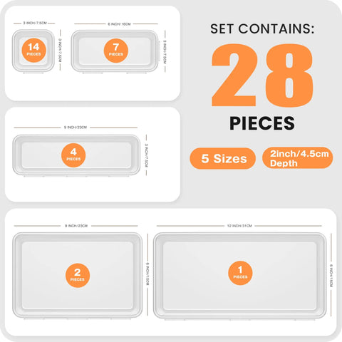 Clear Drawer Organizers Set Five Sizes Straight Up Tames Messy Vanities, showing 28 pieces with different sizes and measurements.