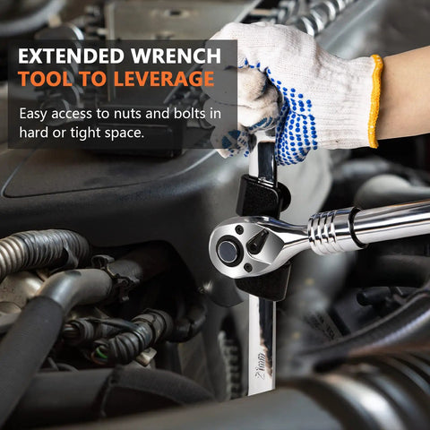Mechanic using Heavy Duty Wrench Extender For One Half Inch Drive And Twenty One Millimeter Hex Drive to boost leverage on engine.