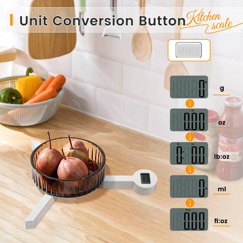 Folding Digital Kitchen Scale Highly Accurate Compact Food Scale With LCD Display showing unit options and apples