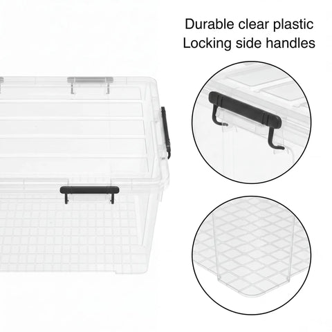 Straight Up Premium Clear Storage Bins With Secure Seal Lids And Heavy Duty Handles, durable clear plastic with locking side handles.