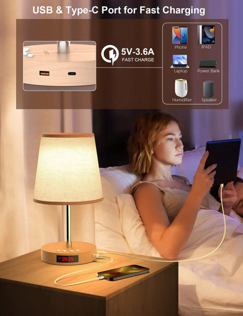 Woman reading by Lit LED Table Lamp With Touch Dimmer USB C Charging Ports Height Adjustable Bedside Nightstand Lamp