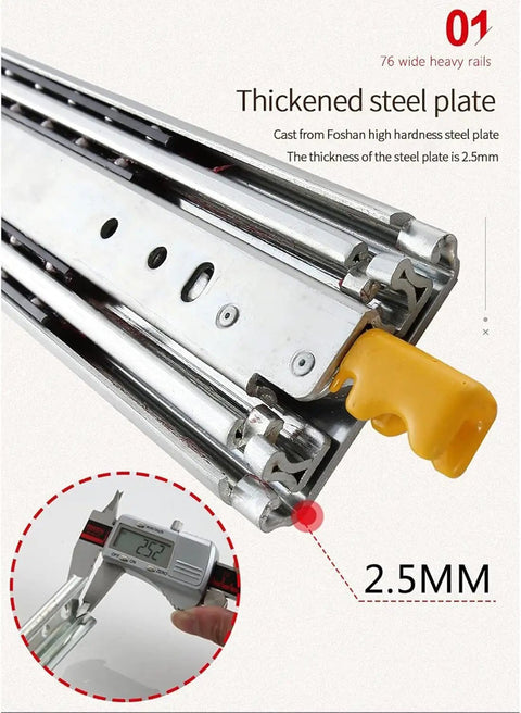 Bulletproof Heavy Duty Steel Drawer Slides And Three Section Fully Extended Rails With Secure Lock, 76mm width, 2.5mm steel thickness.