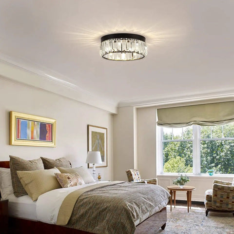 Semi Flush Mount Crystal Ceiling Light With Open Bottom Design, installed in modern bedroom, black finish, round chandelier