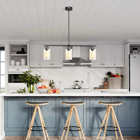 Three Light Black Pendant Lights For Kitchen Island With Glass Shades And Adjustable Rods Hanging Linear Chandelier in modern kitchen.