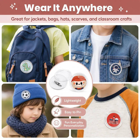 Kickstart Your Craft Hustle With This Dope Twelve Pack Clear Button Maker Kit Featuring 1.77 Inch Acrylic Photo Badges And Strong Pins for jackets, bags, hats.