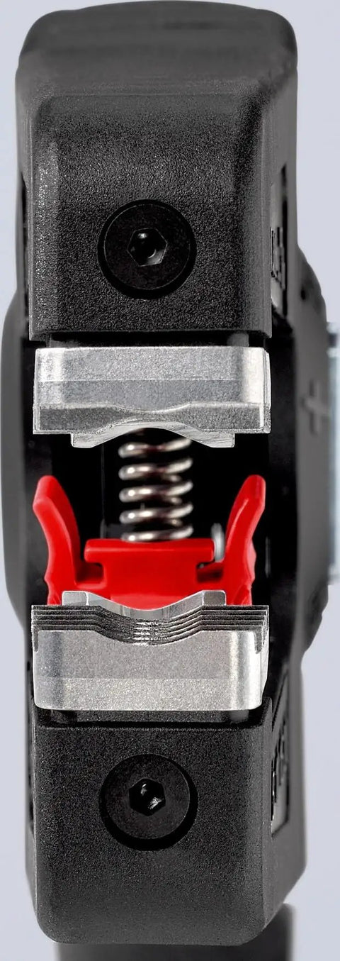 Close-up of Precistrip16 Automatic Insulation Stripper showcasing semi-circular gripped jaw for precise wire stripping.