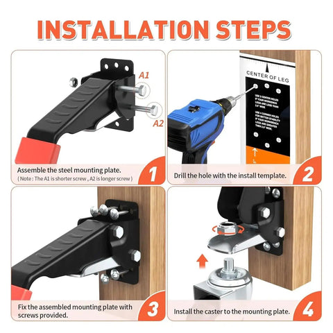 Installation steps for 4 Pack Workbench Casters Kit With Retractable Heavy Duty Wheels 660 Lb Capacity and floor-safe casters.