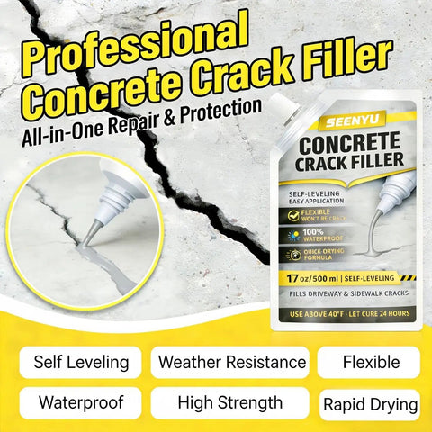 Self Leveling Concrete Crack Filler Waterproof Fast Dry Sealant Pour And Go Flexible DIY Crack Sealer For Driveway Sidewalk Patio Garage Asphalt 4 Pack No Mess Easy Fix Heavy Duty Liquid Patch For Cracks Gaps, showing gray sealant application on concrete crack.