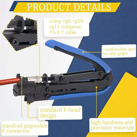 Coax Cable Crimping Kit With Adjustable Compression Tool For RG6 RG59 RG11, showing tool detail and comfortable grips.