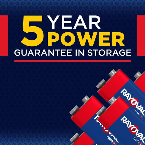Fusion 9V Alkaline Batteries 2 Pack Workhorse Power For High Drain Toys Smoke Detectors And Wireless Microphones With Long Lasting Energy And A 5 Year Storage Guarantee, showing batteries with 5-year storage guarantee.