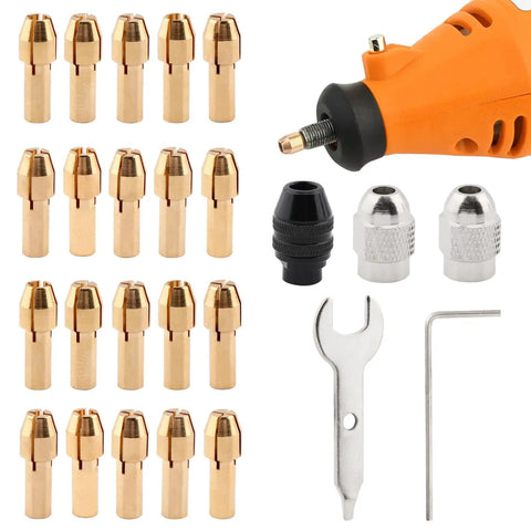 All In One Keyless Drill Chuck Collet Set For Rotary Tools 1/32 To 1/8 Inch Shanks Replacement Kit with brass collets and wrench