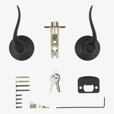 Tustin Entry Door Handle With Lock And Key, matte black lever set with screws, latch, and keys, for front entrance use