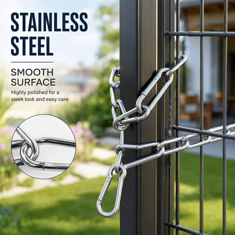 Stainless Steel Gate Chain Latch with Dual Carabiners for Fences secured on a black fence post in a garden setting.