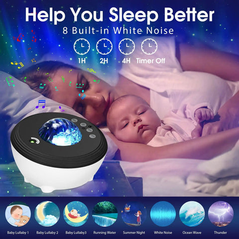 Galaxy Light And Aurora Projector 4 In 1 with Alexa, showing white noise settings and night light effect in a sleeping scene