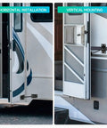 Silent Snap RV Door Holder Noiseless Latch For Camper And Cargo Trailer Doors installed in horizontal and vertical positions.