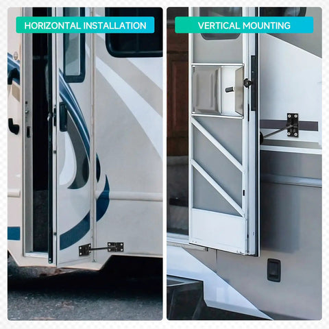 Silent Snap RV Door Holder Noiseless Latch For Camper And Cargo Trailer Doors installed in horizontal and vertical positions.