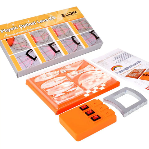 Optical Physics Experiment Kit with reflector, refraction triangular prism, convex lens, concave mirror, linear light source.