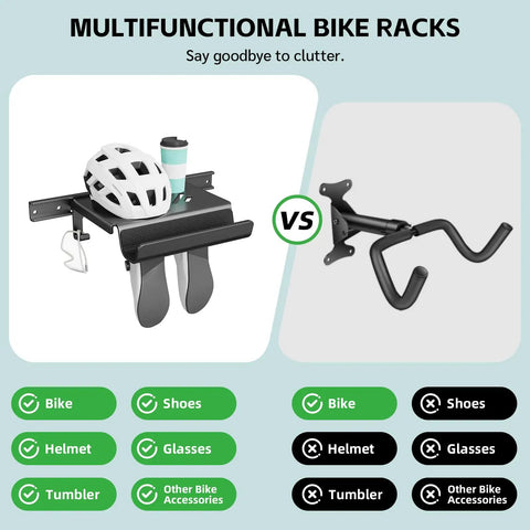 Space-Saving Bike Wall Mount Rack With Shelf And Hooks For Helmet, Shoes And Gear, Garage-Ready Storage comparison image
