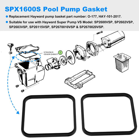 Hayward Pool Pump Gasket Replacement O177 And Lid Gasket Set For Super Pump Models SPX1600S SP1600X SP2600 SP2600X SP2600VSP SP2602VSP SP2603VSP SP26115VSP SP2670010VSP SP2670020VSP Includes 2 Pack black rubber pump gasket set