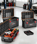 Heavy Duty 3 Tier Rolling Tool Box With Wheels, All Terrain Waterproof Storage System in a garage setting, showing open and stacked configuration