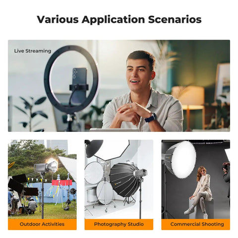 Collage showing various uses for Heavy Duty Light Stand for Photography 9.1ft Extendable Tripod in live streaming and studio setups.
