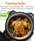 Stainless Steel Inner Pot Replacement Insert For Ninja Foodi 6.5 Quart filled with food, highlighting family safe coating-free feature.