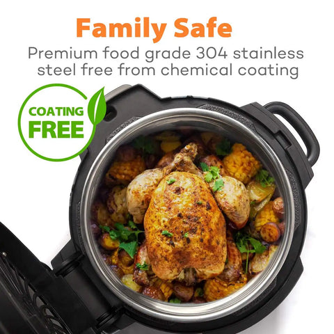 Stainless Steel Inner Pot Replacement Insert For Ninja Foodi 6.5 Quart filled with food, highlighting family safe coating-free feature.