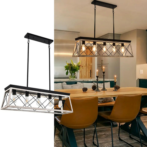 Farmhouse Rectangular Five Light Chandelier For Kitchen Island Rustic Iron Frame With Faux Wood Grain Finish Beige E26 Pendant Lighting Fixture