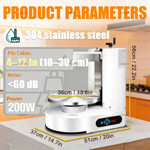Powerful Cake Icing Smoothing Machine For Even Buttercream with adjustable RPM, LCD control, for 4-12 inch cakes, on kitchen counter