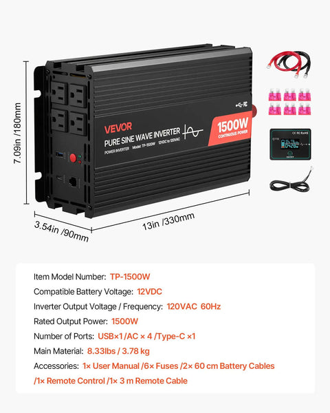 1500W Pure Sine Wave Power Inverter Transforms 12V Dc Into 120V Ac For Rv Trucks With Remote Control and USB ports image.