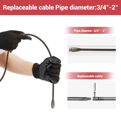 Hand holding a replaceable cable for 20 Volts Cordless Electric Drain Auger, suitable for 3/4" to 2" pipes.
