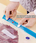 Hands using clips on Reusable BPA Free Vacuum Sealer Bags Set With Double Zipper Seal 8.5x8.5 Inches Microwave Safe Food Storage