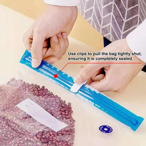 Hands using clips on Reusable BPA Free Vacuum Sealer Bags Set With Double Zipper Seal 8.5x8.5 Inches Microwave Safe Food Storage