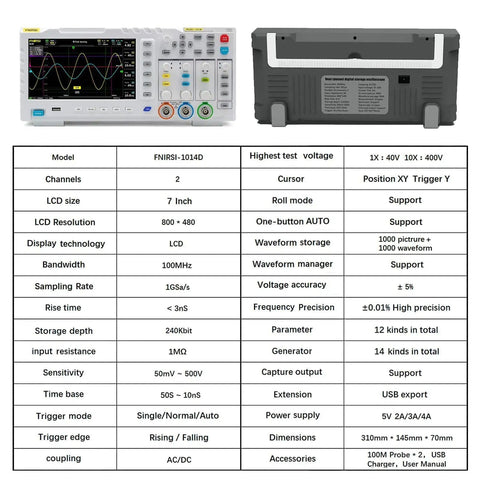 Two Channel 100MHz DDS Oscilloscope And Signal Generator Combo with specifications and features overview.