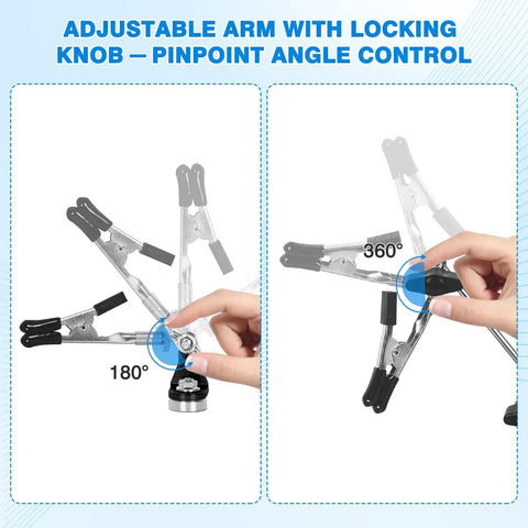 Adjustable arm of Magnetic Helping Hands Soldering Station for PCB repair showing 180 and 360 degree rotation control.