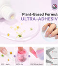 Dip Powder Base With Vitamin E And Castor Oil Ultra Adhesive Formula featuring plant-based ingredients and nail art application steps