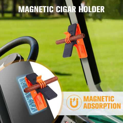Image showing 3 Pack Magnetic Cigar Holder For Golf Cart With Non Slip Silicone Clip And Magnetic Tape attached securely to golf cart.