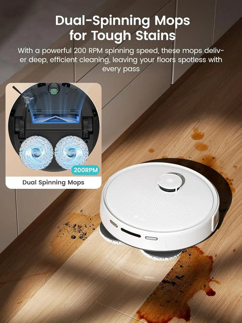 All In One Robot Vacuum And Mop With 12000Pa Suction 90 Day Self Emptying Dock cleaning a spill on hardwood floor