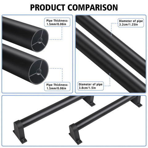 Comparison of pipe dimensions for Industrial Pipe Stair Railing Badass Grip For Indoor And Outdoor Stairs Wall Mount Aluminum Handrail.