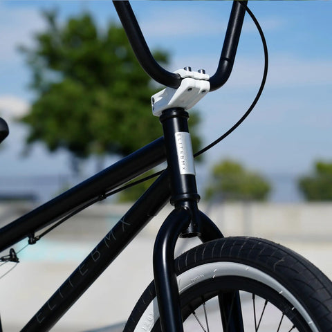 BMX Freestyle Bike 20 Inch And 16 Inch Size For Teens And Kids Street Ready Stunt Bike With Hi Tensile Steel Frame And One Eighth Inch Headset Black White, close-up of handlebars and headset.