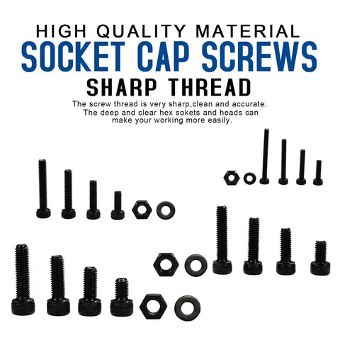 Complete 1060 Pieces Metric Hex Socket Head Cap Screw Bolt Nut Washer Assortment Kit Black 12.9 Grade Carbon Steel Fasteners M2 M3 M4 M5 Hardware Set Includes 4 Allen Wrench Tools For Pro Use showing black bolt nuts and washers.