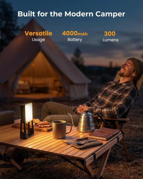 Two Pack Rechargeable Camping Lanterns With 4000mAh Batteries on a camping table at dusk