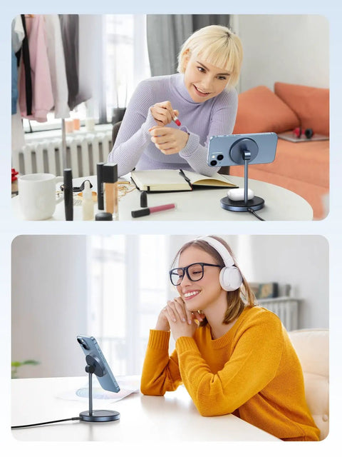 Women using MagFlow 2in1 Magnetic Wireless Charging Stand Fast Charge For iPhone 17 16 15 14 13 12 Series And AirPods