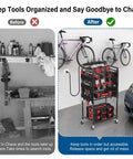 Power Tool Organizer Cart With 8 Outlet 3 USB Charging Station On Wheels, Heavy Duty Rolling Tool Storage Cart For Drills Batteries And Tools, 10 Ft Power Strip, Black, in a garage setting with organized tools.