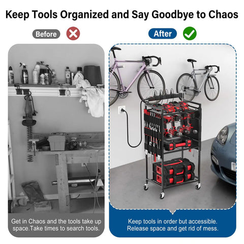Power Tool Organizer Cart With 8 Outlet 3 USB Charging Station On Wheels, Heavy Duty Rolling Tool Storage Cart For Drills Batteries And Tools, 10 Ft Power Strip, Black, in a garage setting with organized tools.