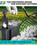 Universal Golf Cart Ball Washer And Club Head Cleaner Kit in use on golf field with water splashing on golf ball