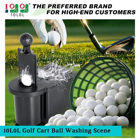 Universal Golf Cart Ball Washer And Club Head Cleaner Kit in use on golf field with water splashing on golf ball