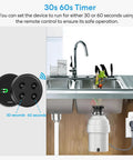 Wireless Garbage Disposal Switch Kit with Remote Control shown installed under sink with timer options for 30s or 60s