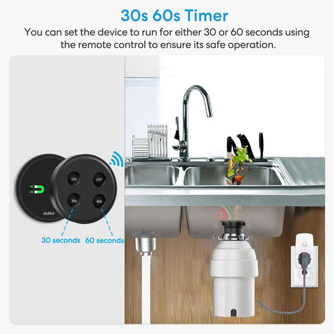 Wireless Garbage Disposal Switch Kit with Remote Control shown installed under sink with timer options for 30s or 60s