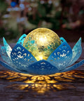 Solar Lotus Flower Garden Lights For Outdoor Patio Decor showcasing warm amber glow through crackle ball, gradient blue finish.
